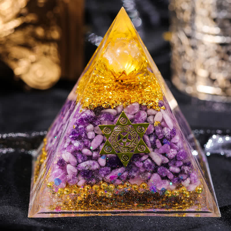 Olivenorma "Double Luck" Clear Crystal Lepidolite Orgone Pyramid