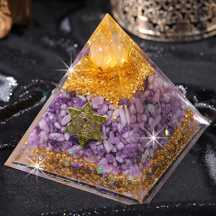 Olivenorma "Double Luck" Clear Crystal Lepidolite Orgone Pyramid