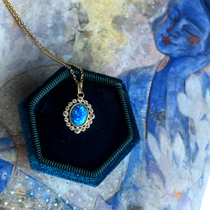 Olivenorma Blue Opal Oval Engraved Pendant Necklace