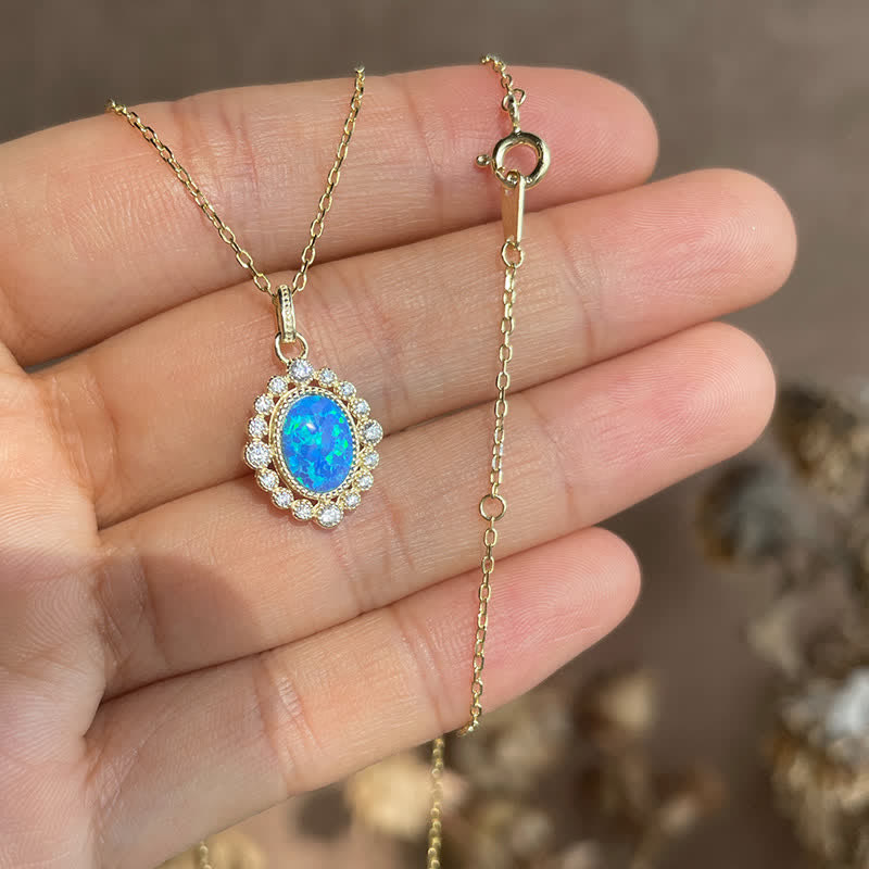 Olivenorma Blue Opal Oval Engraved Pendant Necklace