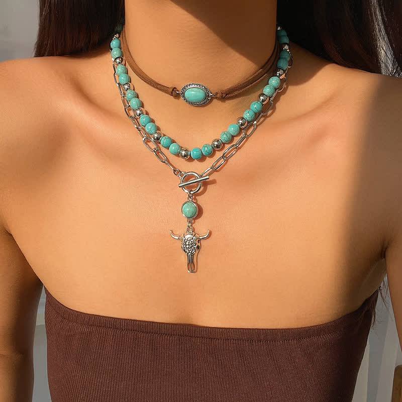 Olivenorma Turquoise Alloy Bull Head Pendant Necklace Set - Turquoise#8 - image 7