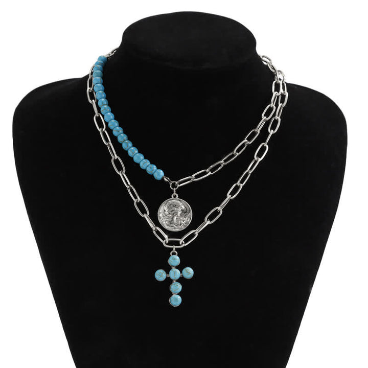 Olivenorma Natural Turquoise Exaggerated Cross Pendant Necklace Set