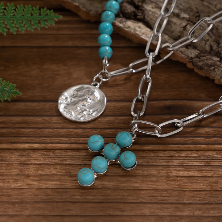 Olivenorma Natural Turquoise Exaggerated Cross Pendant Necklace Set