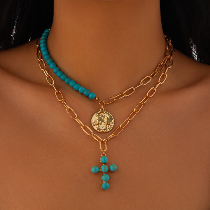 Olivenorma Natural Turquoise Exaggerated Cross Pendant Necklace Set