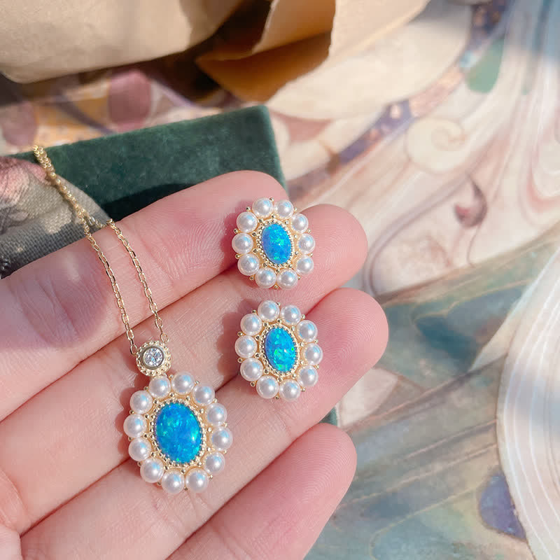 Olivenorma Blue Opal Freshwater Pearl Sunflower Pendant Jewelry Set