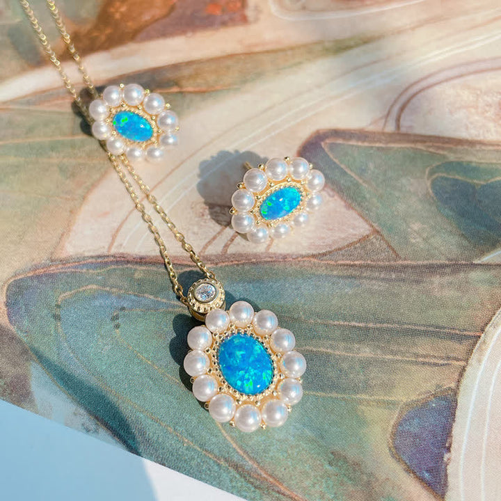 Olivenorma Blue Opal Freshwater Pearl Sunflower Pendant Jewelry Set