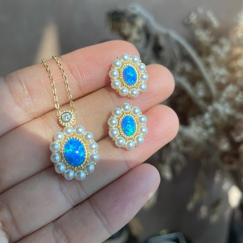 Olivenorma Blue Opal Freshwater Pearl Sunflower Pendant Jewelry Set