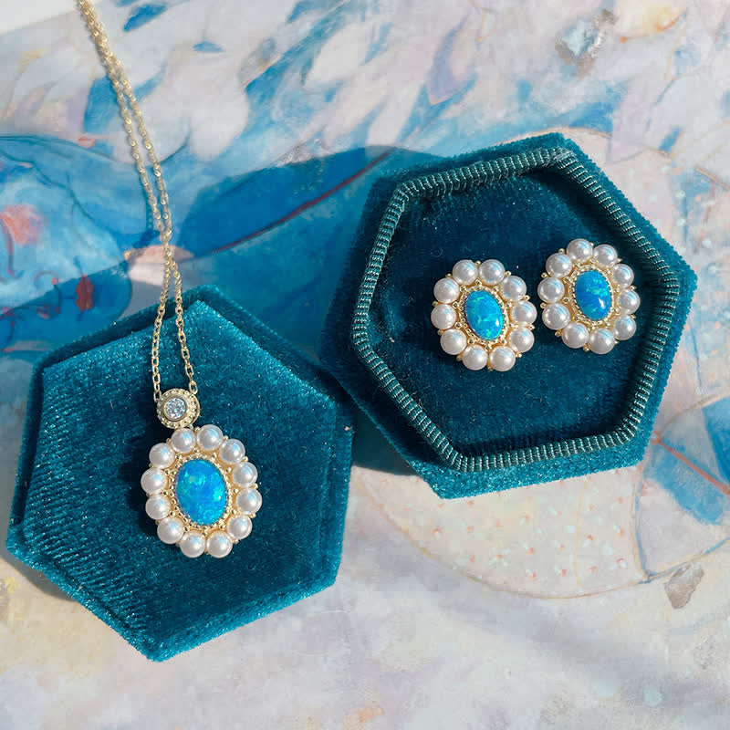 Olivenorma Blue Opal Freshwater Pearl Sunflower Pendant Jewelry Set