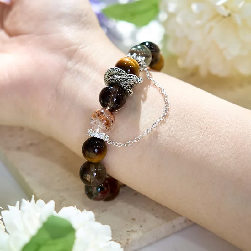 Olivenorma Tiger Eye Clear Quartz Beaded Snake Pendant Bracelet