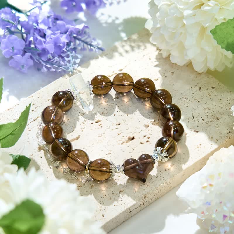 Olivenorma Clear Crystal Smoky Quartz Beaded Heart Pendant Bracelet