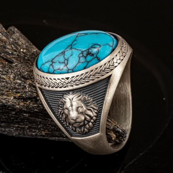 Olivenorma Oval Turquoise Winged Lion Silver Men's Ring