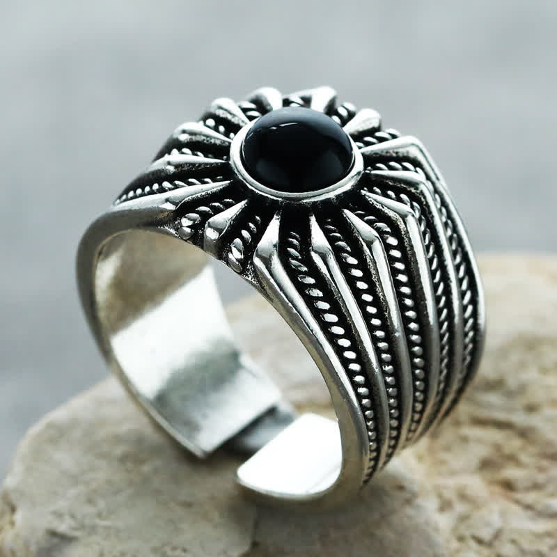 Olivenorma Natural Black Onyx Engraved Men Adjustable Ring