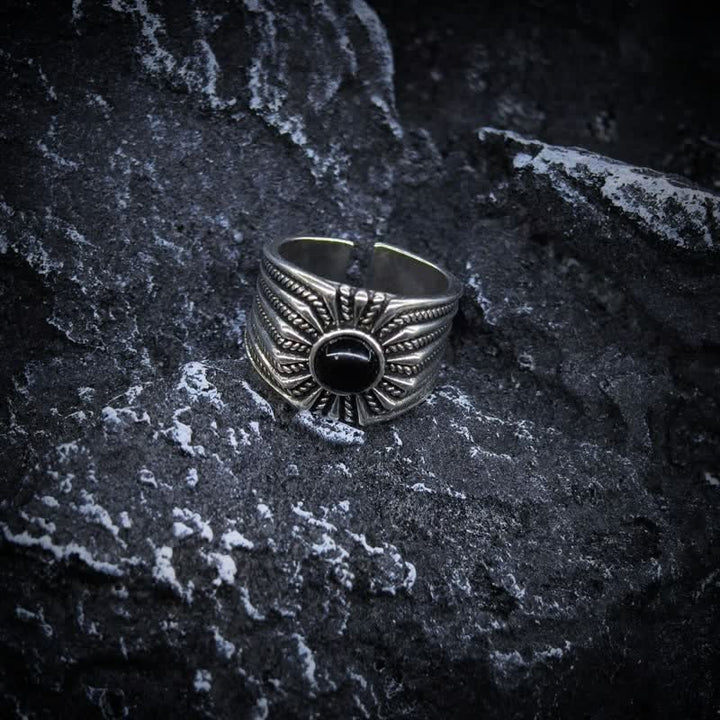 Olivenorma Natural Black Onyx Engraved Men Adjustable Ring