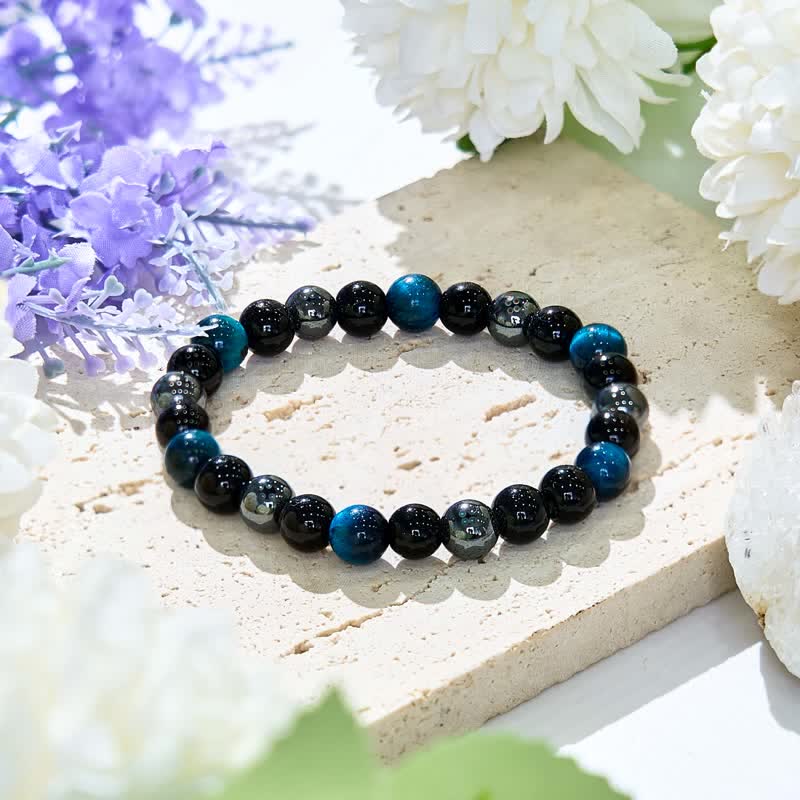 Olivenorma Blue Tiger Eye Obsidian Hematite Beaded Bracelet