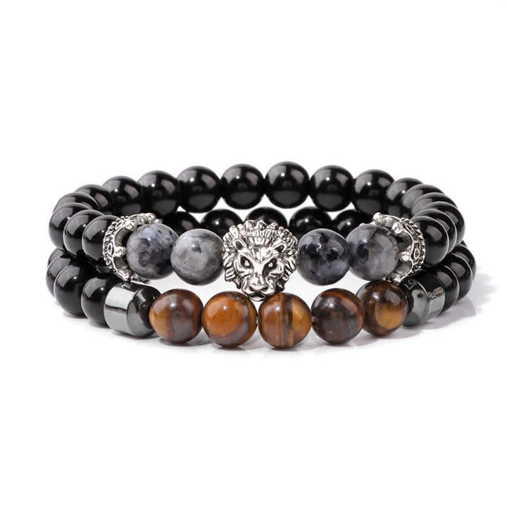 Olivenorma Obsidian Tiger Eye Stone Lion Head Beaded Bracelet