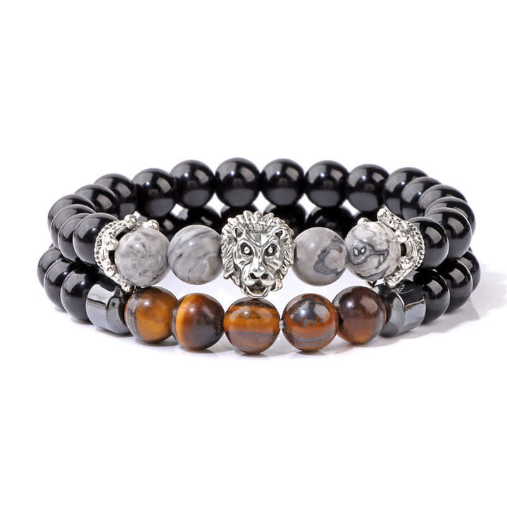 Olivenorma Obsidian Tiger Eye Stone Lion Head Beaded Bracelet