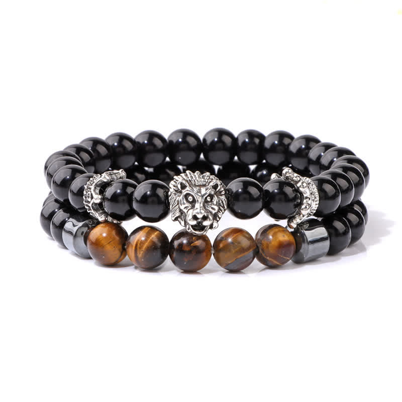 Olivenorma Obsidian Tiger Eye Stone Lion Head Beaded Bracelet