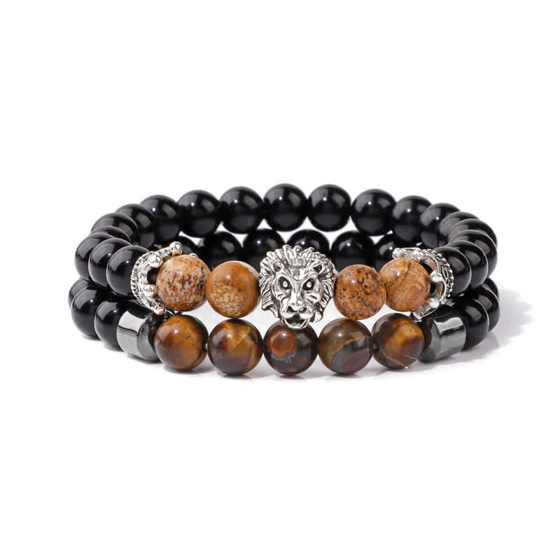 Olivenorma Obsidian Tiger Eye Stone Lion Head Beaded Bracelet