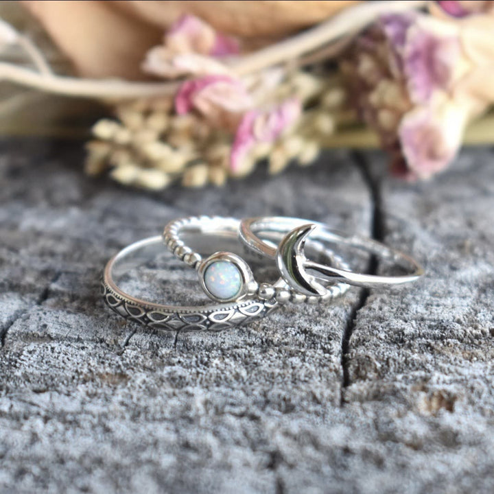 Olivenorma Vintage Crescent Moon Three-piece Opal Ring Set