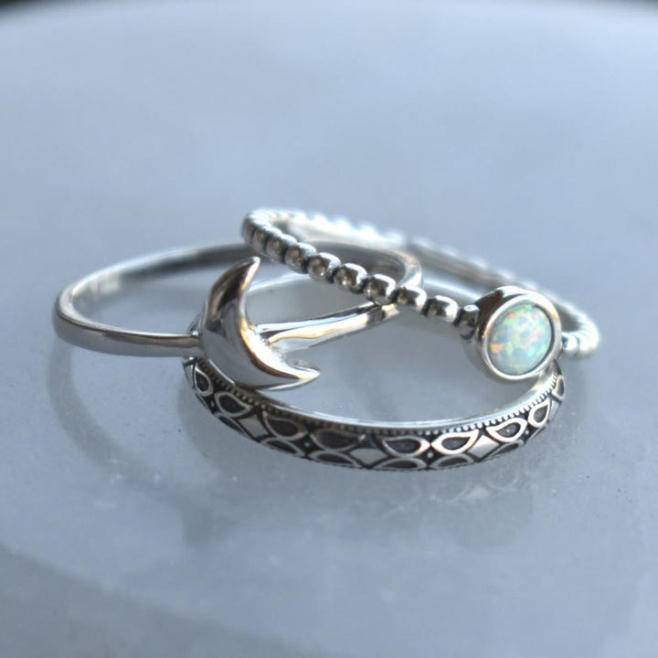 Olivenorma Vintage Crescent Moon Three-piece Opal Ring Set