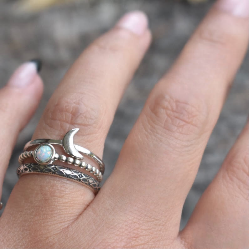 Olivenorma Vintage Crescent Moon Three-piece Opal Ring Set