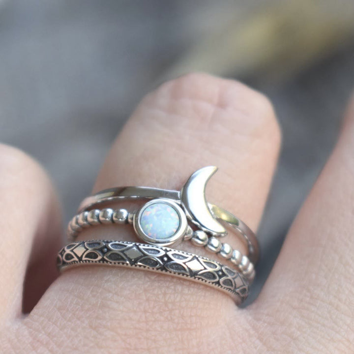 Olivenorma Vintage Crescent Moon Three-piece Opal Ring Set