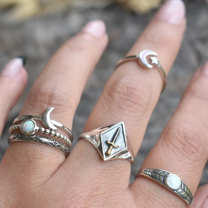 Olivenorma Vintage Crescent Moon Three-piece Opal Ring Set