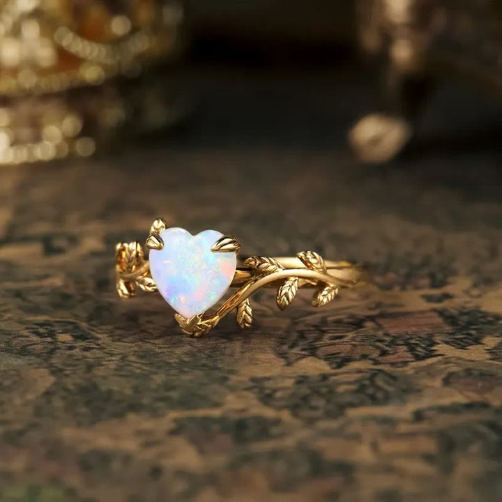 Olivenorma Natural Opal Heart Leaves Ring