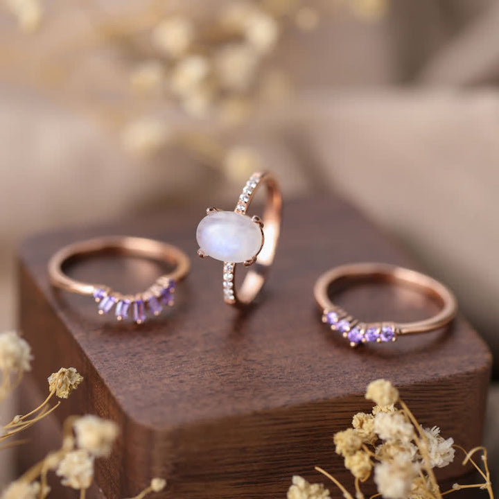 Olivenorma Natural Moonstone Purple Zircon Triple Ring