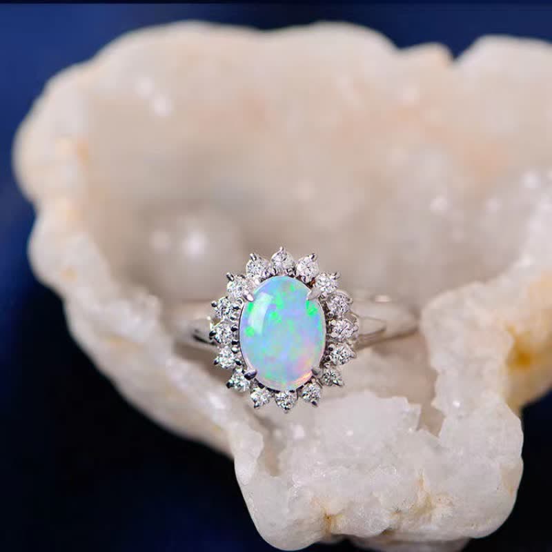 Olivenorma Natural Opal White Zircon Sunflower Silver Ring