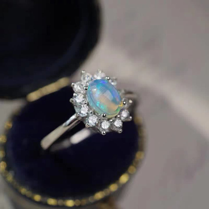 Olivenorma Natural Opal White Zircon Sunflower Silver Ring