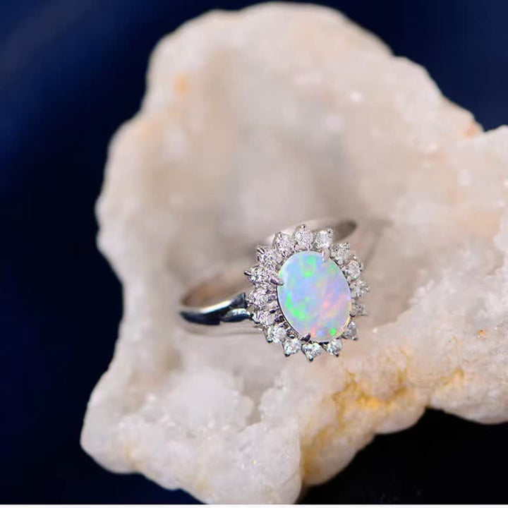 Olivenorma Natural Opal White Zircon Sunflower Silver Ring