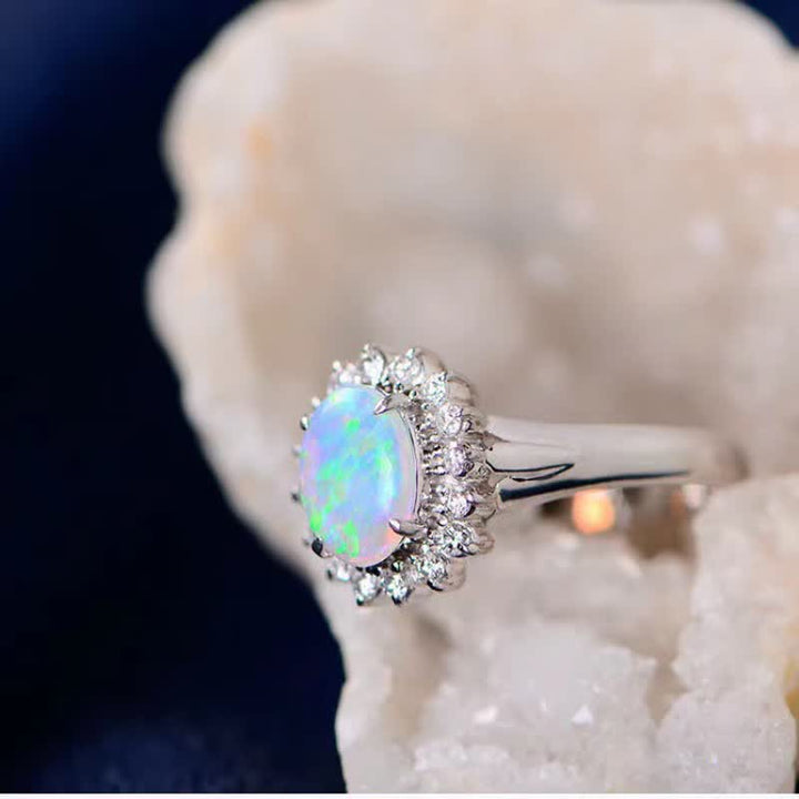 Olivenorma Natural Opal White Zircon Sunflower Silver Ring