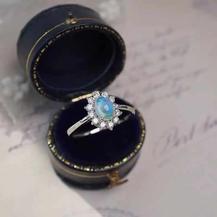 Olivenorma Natural Opal White Zircon Sunflower Silver Ring
