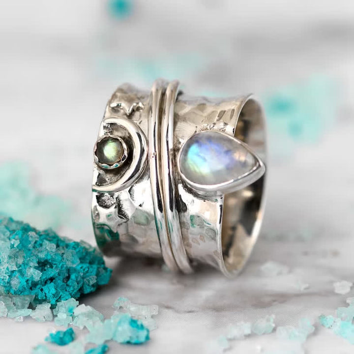 Olivenorma Bohemian Moonstone Star Moon Wide Face Ring