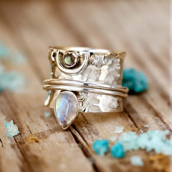 Olivenorma Bohemian Moonstone Star Moon Wide Face Ring