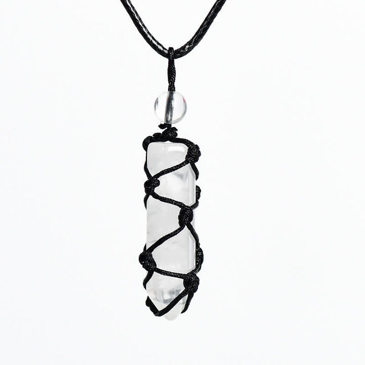 Olivenorma Crystal Column Woven Net Bag Knot Pendant Necklace