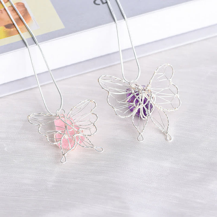 Olivenorma Natural Crystal Handwound Silver Wire Butterfly Pendant Necklace