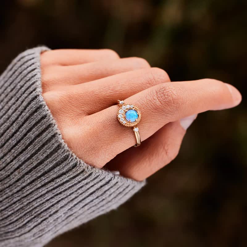 Olivenorma Natural Opal White Zircon Moon Planet Ring