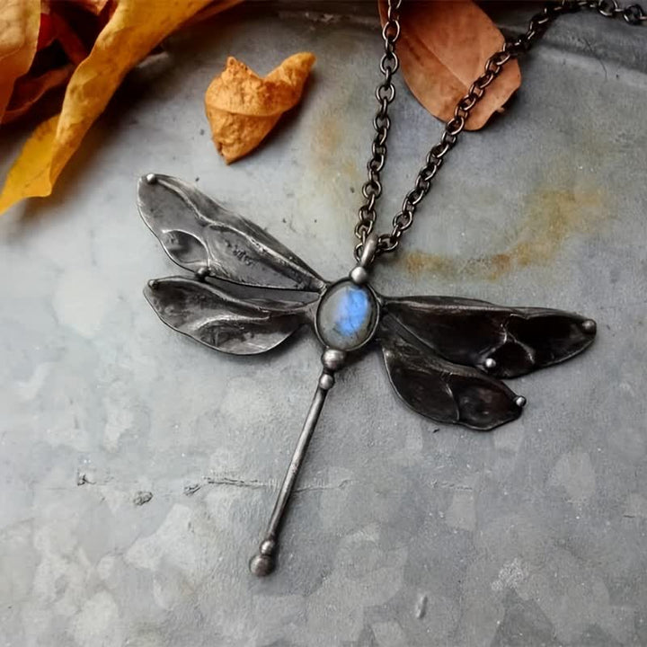 Olivenorma Inlaid Moonstone Dragonfly Pendant Alloy Necklace