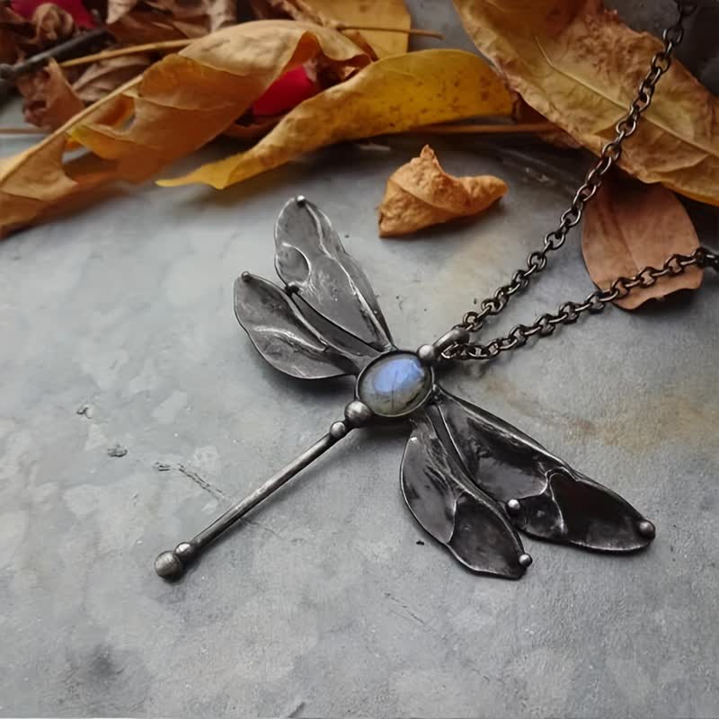 Olivenorma Inlaid Moonstone Dragonfly Pendant Alloy Necklace