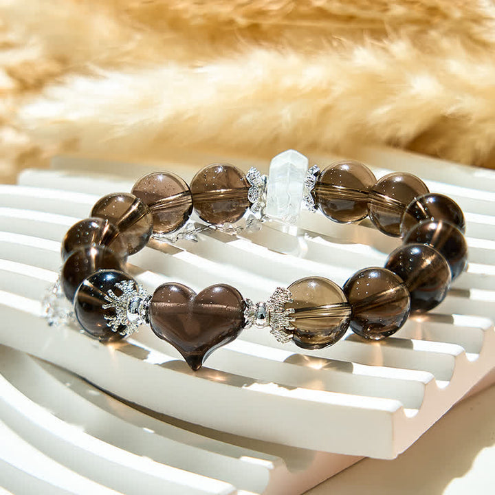 Olivenorma Clear Crystal Smoky Quartz Beaded Heart Pendant Bracelet