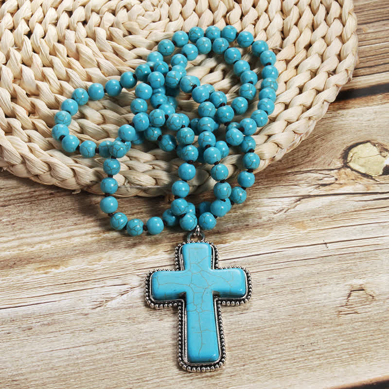 Olivenorma 8mm Blue White Turquoise Cross Pendant Necklace