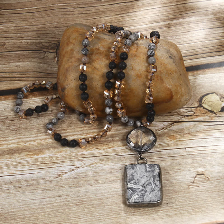 Olivenorma Natural Stone Beads Square Pendant Necklace