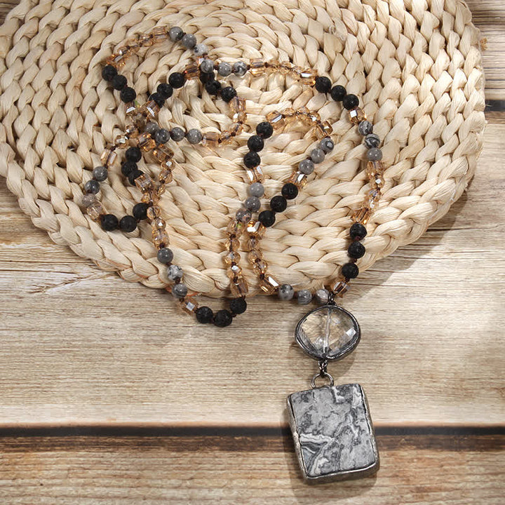 Olivenorma Natural Stone Beads Square Pendant Necklace