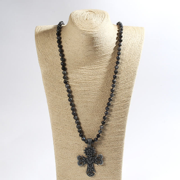 Olivenorma 8mm Labradorite Lava Stone Beads Cross Pendant Necklace