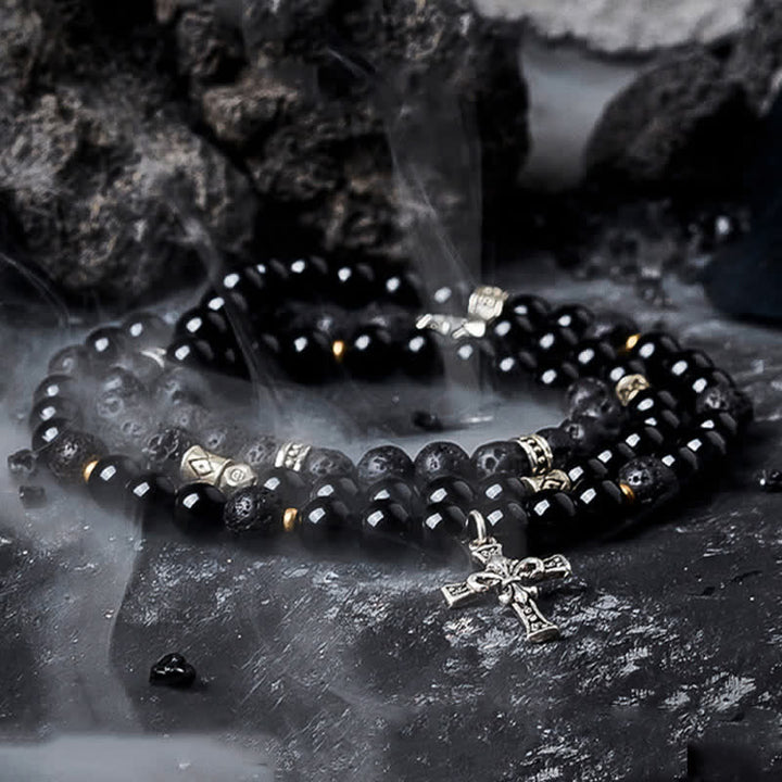 Olivenorma Lava Stone Black Labradorite Men's Beaded Bracelet - Lava Stone & Obsidian - 18cm - image 0