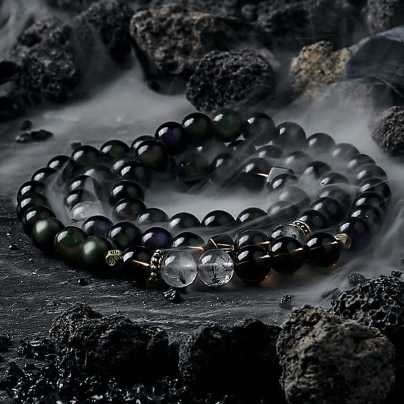 Olivenorma Obsidian Smoky Quartz Men's Beaded Bracelet - Obsidian - 18cm - image 0