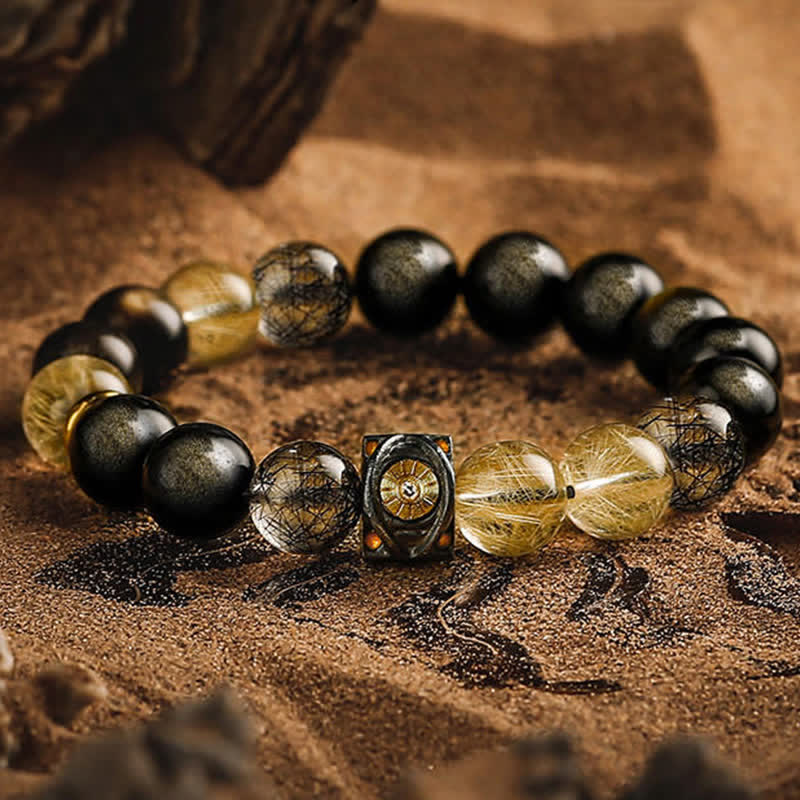 Olivenorma Obsidian Gold Rutilated Quartz Men's Beaded Bracelet - Gold Obsidian & Gold Rutilated Quartz - 17-18cm - image 0