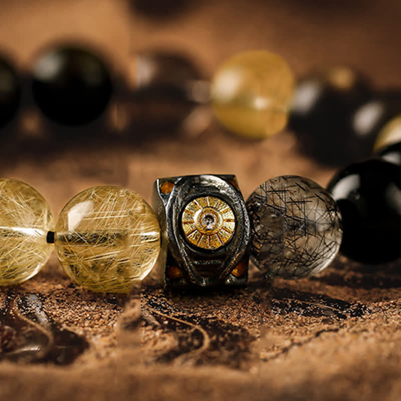 Olivenorma Obsidian Gold Rutilated Quartz Men's Beaded Bracelet - image 6
